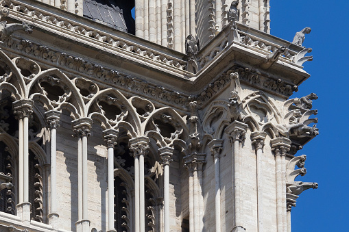 Fragment of the facade of the Notre-Dame de Paris (before the fire lit up in april 2019). Is a medieval cathedral and is considered to be one of the finest examples of French Gothic architecture.