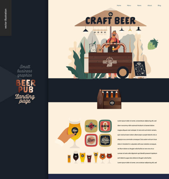 browar, rzemieślniczy pub piwny - ilustracje dla małych firm -szablon projektu strony docelowej - rzemieślniczy produkt stock illustrations