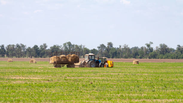 istock Tractor loading hay bales on truck agricultural works 1191952984