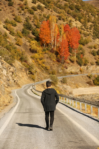 Young man walking in autumn road
