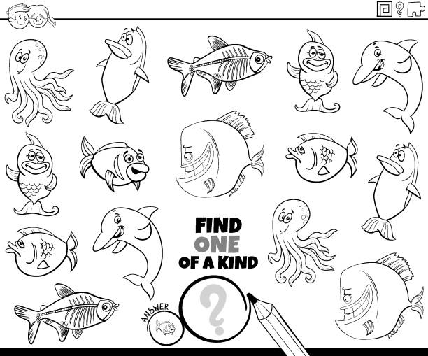 illustrazioni stock, clip art, cartoni animati e icone di tendenza di uno di un gioco unico nel suo genere con animali marini color book pagina - image computer graphic sea one animal