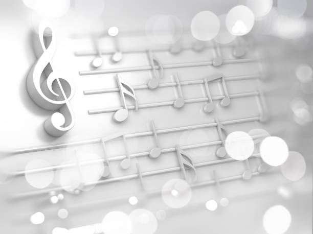 Abstract white music background, musical notes and symbols for Christmas carol Song and melody concept.3d illustration for music festivals and jazz and pop concerts. bass instrument photos stock pictures, royalty-free photos & images