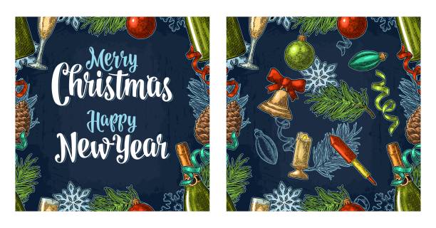 ilustraciones, imágenes clip art, dibujos animados e iconos de stock de patrón sin costuras con letras de caligrafía happy new year 2018 - swirl christmas champagne coloured holiday backgrounds