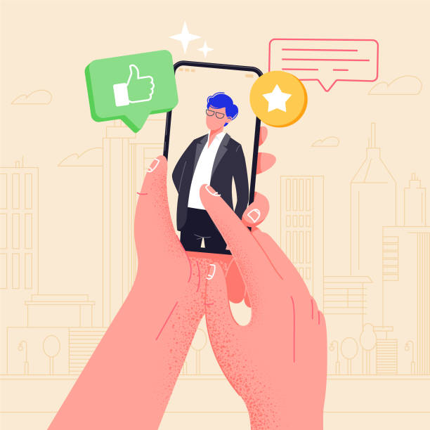 Hand holding phone with boyfriend on screen. Video call app. Finger touch screen flat vector illustration design for web site or banner. Make selfie with smartphone. Online dating chat or take photo. vector art illustration