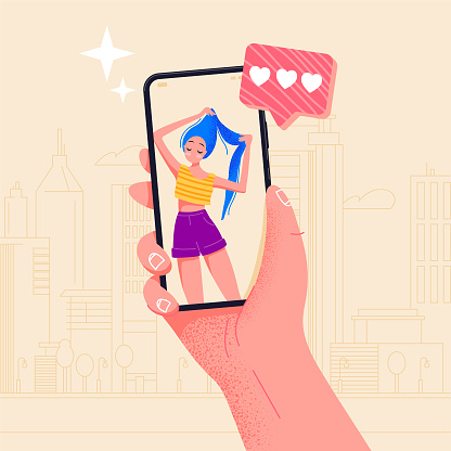 Cute girl on screen. Hand holding phone beautiful girl on screen. Video call app. Finger touch screen flat vector illustration design for web site or banner. Make selfie with smartphone. Online dating chat or take photo.