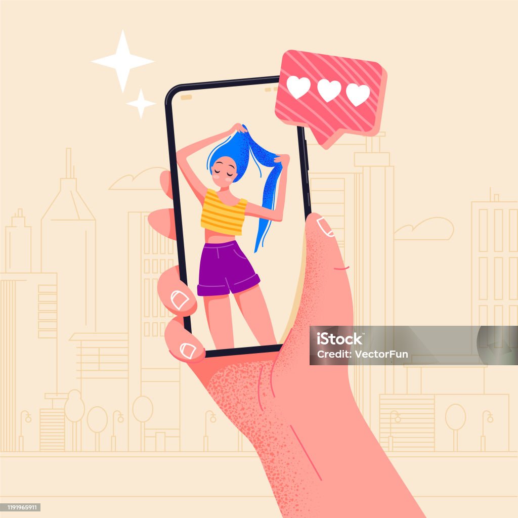 Hand holding phone beautiful girl on screen. Video call app. Finger touch screen flat vector illustration design for web site or banner. Make selfie with smartphone. Online dating chat or take photo. Cute girl on screen. Hand holding phone beautiful girl on screen. Video call app. Finger touch screen flat vector illustration design for web site or banner. Make selfie with smartphone. Online dating chat or take photo. Mobile Phone stock vector