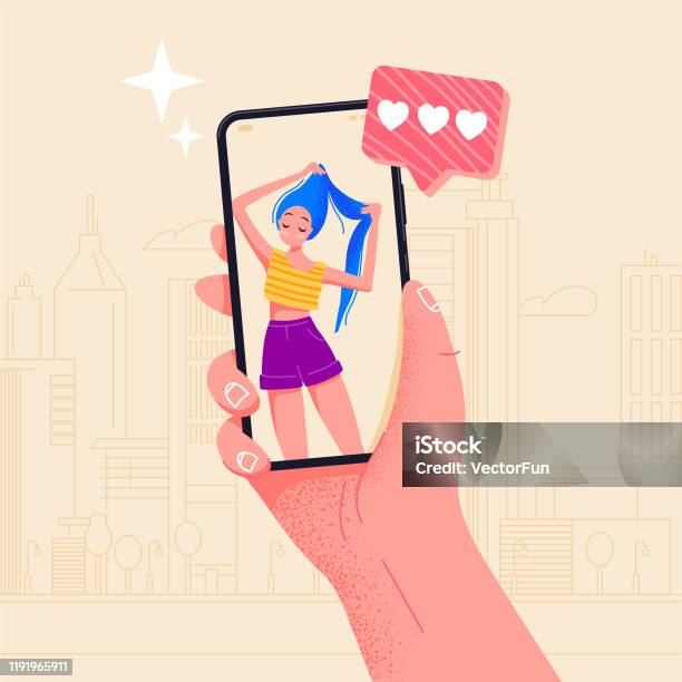 Hand Holding Phone Beautiful Girl On Screen Video Call App Finger Touch Screen Flat Vector Illustration Design For Web Site Or Banner Make Selfie With Smartphone Online Dating Chat Or Take Photo Stock Illustration - Download Image Now