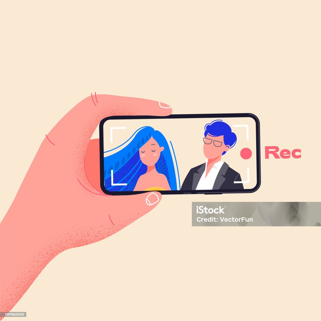 Man hold phone horizontally and record video. Make video by pressing red record button. Young couple on smartphone screen vector illustration. Flat design drawing about phone addiction. Recording young couple on a wedding. Man hold phone horizontally and record video. Make video by pressing red record button. Young couple on smartphone screen vector illustration. Flat design drawing about phone addiction. Filming stock vector