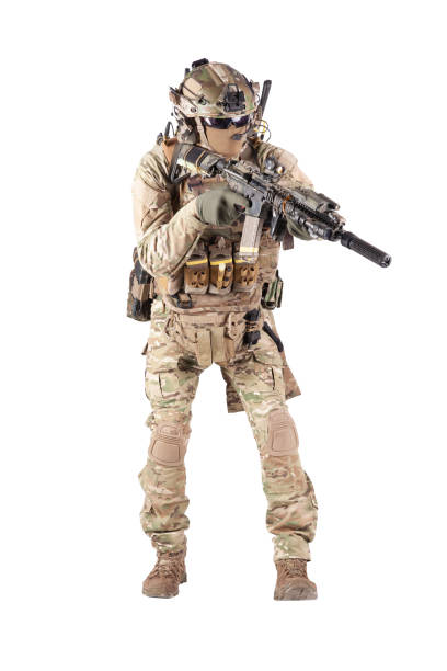 istock Equipped army soldier aiming rifle studio shoot 1191965990