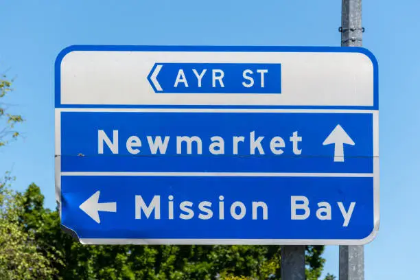 Sign indicating Newmarket and Mission Bay in Auckland, New Zealand.