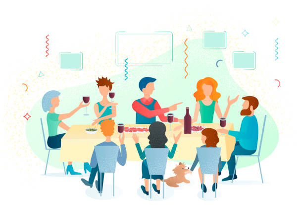 treffen familie und freunde am festlichen tisch, spaß menschen, trinken wein und feiern das ereignis zusammen. - dinner party dinner party lunch stock-grafiken, -clipart, -cartoons und -symbole