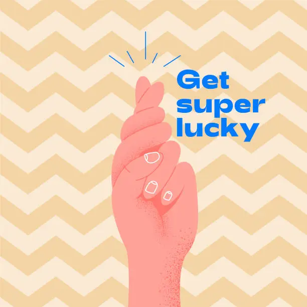 Vector illustration of Get super lucky. Pink hand crossing fingers and wishing for good luck. Fingers crossed, hand gesture. Promise signal with two fingers. Flat design style. Vector illustration hand wishing something.