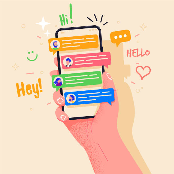 Hand holding phone with short messages, icons and emoticons. Chatting with friends and sending new messages. Colorful speech bubbles boxes on smartphone screen flat design vector illustration. Colourful messages pop up. Hand holding phone with short messages, icons and emoticons. Chatting with friends and sending new messages. Colorful speech bubbles boxes on smartphone screen flat design vector illustration. phone speak stock illustrations