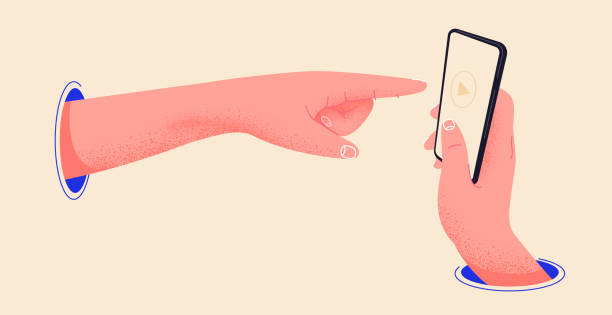 青い穴を通してスマートフォンを指差す手。タッチスクリーンを指差し、再生ボタンを押します。編集可能な電話テンプレートベクターの図。手のフラットデザイン図面に携帯電話を保持 - pushing push button human hand human finger点のイラスト素材／クリップアート素材／マンガ素材／アイコン素材