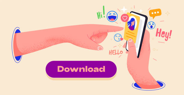 Colorful app design, icons and emoticons on smartphone screen vector illustration. Hand holding phone and pointing to the screen. Editable mockup illustration. Send new message. Send emojis to friends Hand pointing to iPhone. Colorful app design, icons and emoticons on smartphone screen vector illustration. Hand holding phone and pointing to the screen. Editable mockup illustration. Send new message. Send emojis to friends emoji original stock illustrations