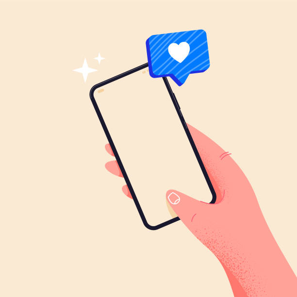 ilustrações de stock, clip art, desenhos animados e ícones de holding phone in hand. empty screen, phone mockup. editable smartphone template vector illustration on isolated background. receive a blue heart. application on touch screen device. e-learning concept - editorial use flash