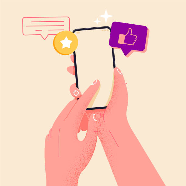 Holding phone in hand and rate content with a star mockup. Empty, editable screen for online shopping, marketing and other needs. Editable smartphone template vector illustration. Browse internet on smart phone. Holding phone in hand and rate content with a star mockup. Empty, editable screen for online shopping, marketing and other needs. Editable smartphone template vector illustration. phone text message mockup stock illustrations