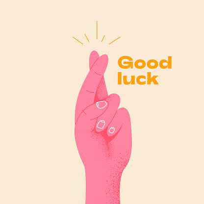 Finger crossed editable vector. Pink hand crossing fingers and wishing for good luck. Fingers crossed, hand gesture. Lucky sign. Promise signal with two fingers. Flat design style. Vector illustration hand wishing something.