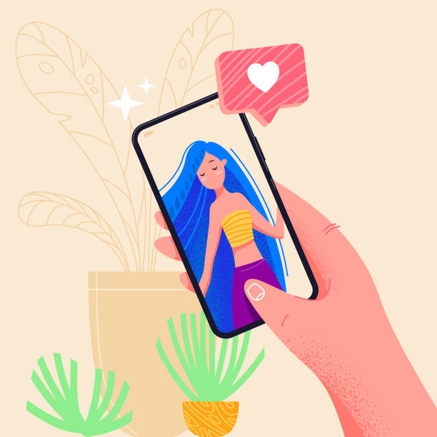 ilustrações de stock, clip art, desenhos animados e ícones de hand holding phone with girlfriend on screen. video call app. finger touch screen flat vector illustration design for web site or banner. make selfie with smartphone. online dating chat or take photo. - kid photo
