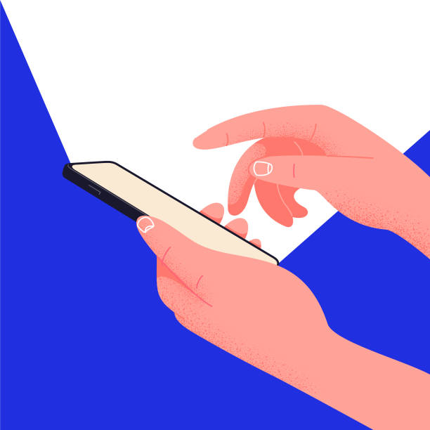 Social network life on your phone. Hand holding smartphone editable mockup. Place text into the illustration. Office life, play with phone instead of working. Waste time by hanging on social platforms Phone in hand template for marketing and social media. Social network life on your phone. Hand holding smartphone editable mockup. Place text into the illustration. Office life, play with phone instead of working. Waste time by hanging on social platforms phone text message mockup stock illustrations