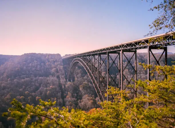 Iron and Steel Bridge over a wide deep gorge with trees in the foreground.
