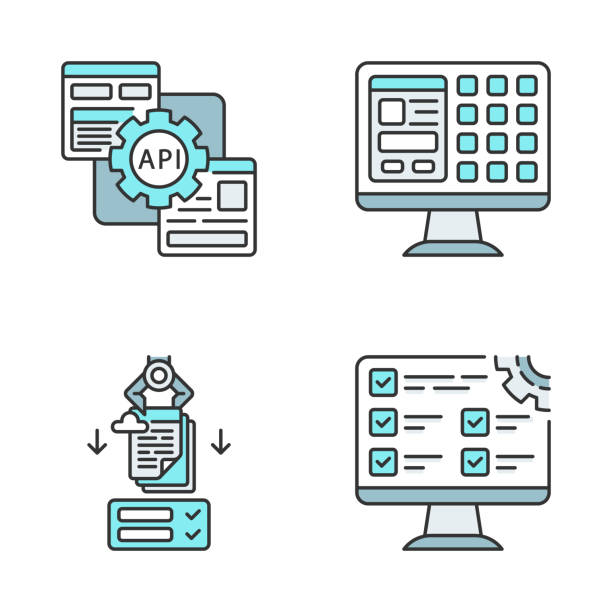 RPA color icons set RPA color icons set. Robotic process automation. Application development and tuning. API, GUI, testing, forms filling. Software robots. Automate workflows. Isolated vector illustrations automation logo stock illustrations
