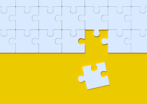 White jigsaw puzzle on yellow background with copy space White jigsaw puzzle on yellow background with copy space. Connected blank puzzle pieces. Business strategy Teamwork and problem solving concept. Minimal creative concept. 3d rendering illustration lost stock pictures, royalty-free photos & images