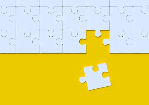 White jigsaw puzzle on yellow background with copy space. Connected blank puzzle pieces. Business strategy Teamwork and problem solving concept. Minimal creative concept. 3d rendering illustration