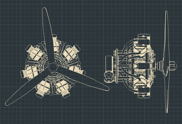 Radial engine blueprints Stylized vector illustration of drawings of 7 cylinder radial engine propeller stock illustrations