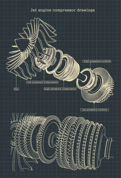 Vector illustration of Turbofan engine compressor drawings