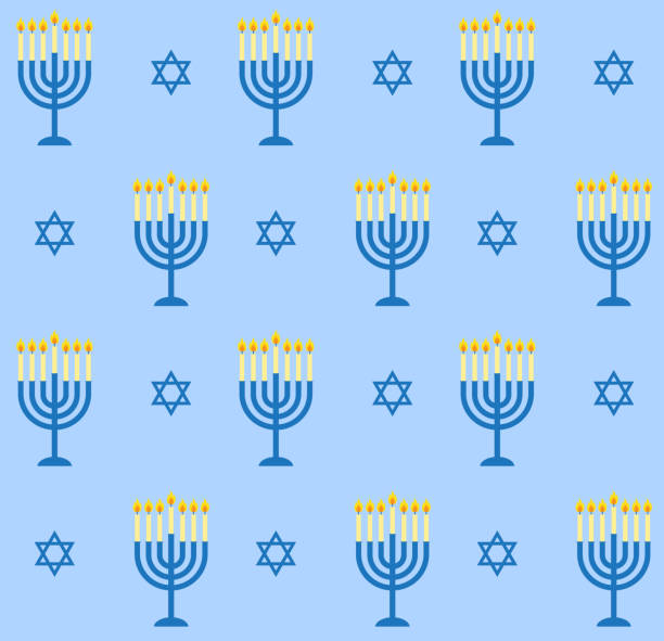 Vector seamless pattern of flat cartoon Hanukah candles and jewish stars Vector seamless pattern of flat cartoon Hanukah candles and jewish stars isolated on blue background chocolate gelt stock illustrations