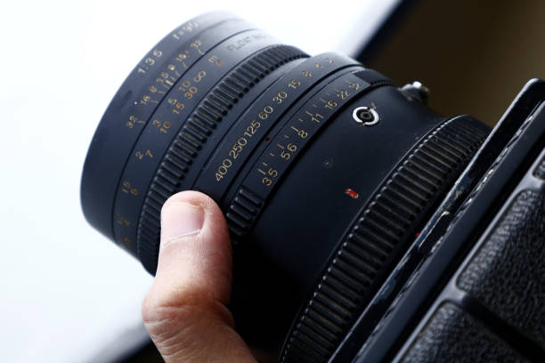 istock Aperture and shutter speed adjustment ring on the lens of an old and vintage medium format 1191983978