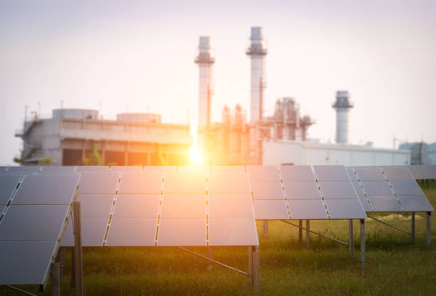 solar panels and electric power plant - solar panel solar power station sun solar energy imagens e fotografias de stock