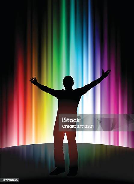 Heureux Jeune Homme Sur Fond Abstrait Spectre Vecteurs libres de droits et plus d'images vectorielles de Arc en ciel - Arc en ciel, Image en couleur, Personne humaine