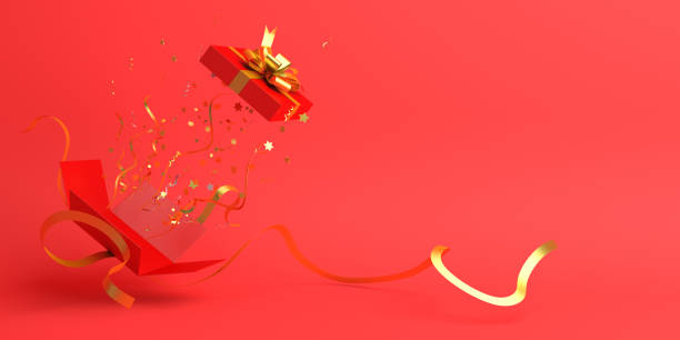 istock Chinese Happy New Year design creative concept, opened gift box, gold glittering confetti on red background. Copy space text area, flat lay. 1191993074