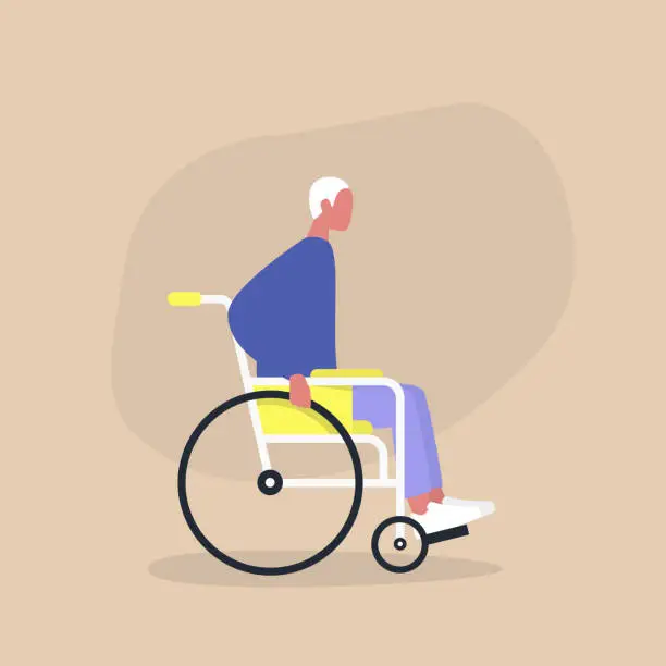 Vector illustration of Disability in a daily life, Young disabled male character sitting in a wheelchair