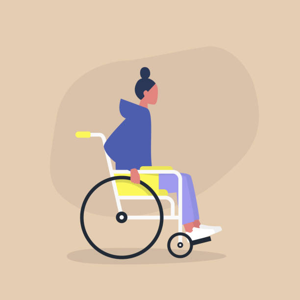 bildbanksillustrationer, clip art samt tecknat material och ikoner med funktionshinder i ett dagligt liv, unga funktionshindrade kvinnlig karaktär sitter i en rullstol - wheelchair