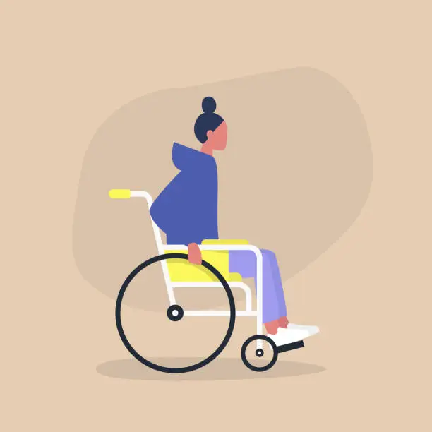 Vector illustration of Disability in a daily life, Young disabled female character sitting in a wheelchair