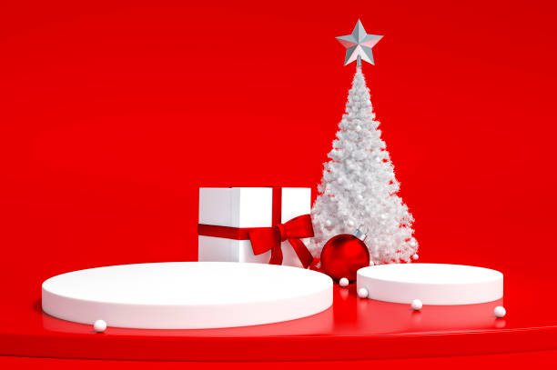 istock White christmas tree, gift box and christmas ball Ornaments object group with podium display stand on red background 3d rendering. 1191999915