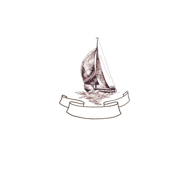 istock Ship sailing yacht antique vintage with Ribbon frame  swirled brown ink hand drawing 1192002617