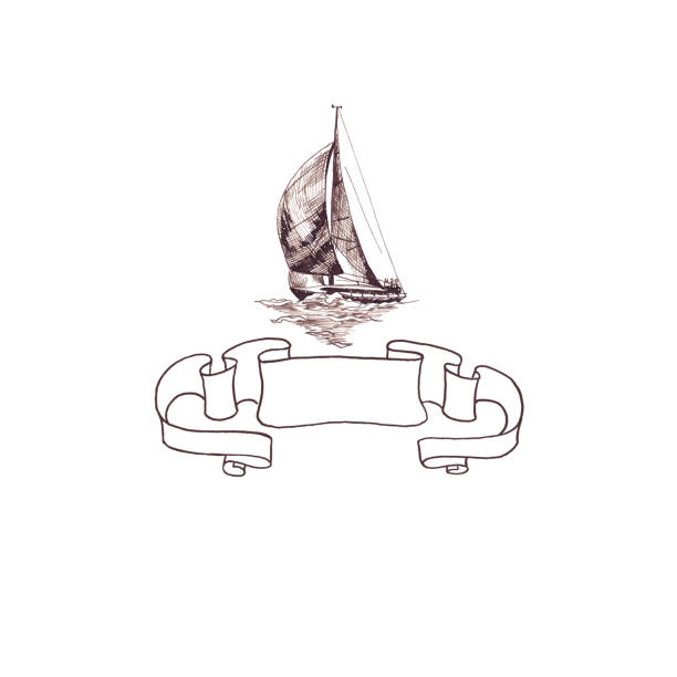 istock Ship sailing yacht antique vintage with Ribbon frame  swirled brown ink hand drawing 1192002661
