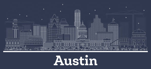 ilustraciones, imágenes clip art, dibujos animados e iconos de stock de delinea austin texas city skyline con edificios blancos. - inverse