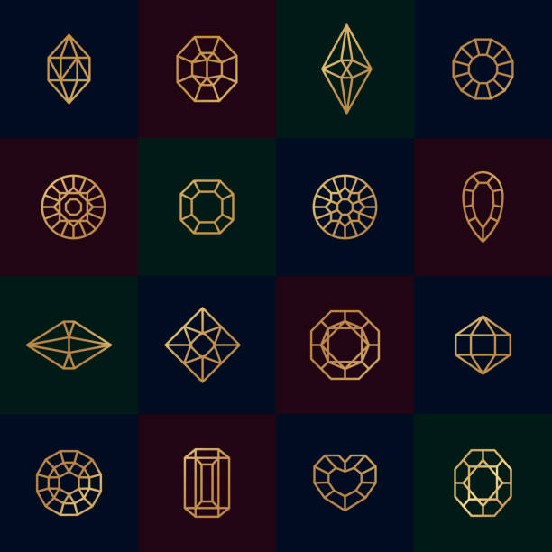 ilustraciones, imágenes clip art, dibujos animados e iconos de stock de iconos de línea de oro de diamantes sobre fondo oscuro. elementos de diseño de logotipo lineal de cristal vectorial y gemas. símbolos de lujo - gem jewelry hexagon square