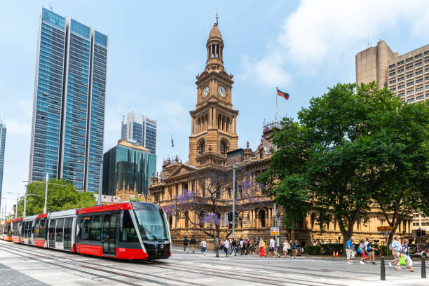 die neue stadtbahn fährt über die george street nach circular quay, sydney, nsw, australien. - urban scene street car nobody stock-fotos und bilder