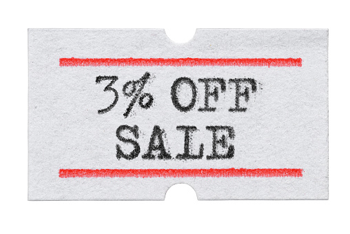 3 % OFF Sale printed with typewriter font on price tag sticker isolated on white background