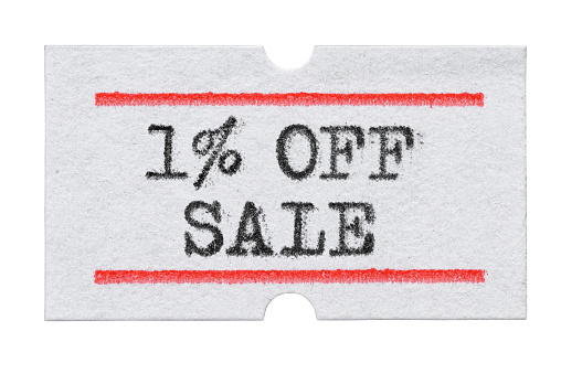1 % OFF Sale printed with typewriter font on price tag sticker isolated on white background