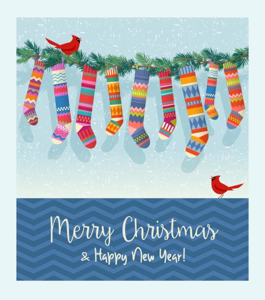 Cute holiday card with string of colorful patterned Christmas stockings. Cute holiday card with string of colorful patterned Christmas stockings. Merry Christmas and Happy New Year. Vector illustration. christmas stocking background stock illustrations