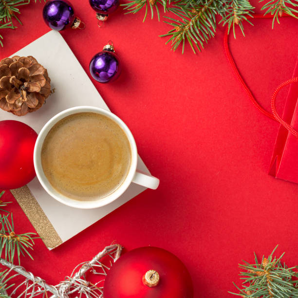 istock Frame of christmas decoration on red background top view 1192011252