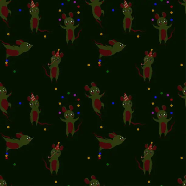 Vector illustration of Christmas pattern with rats in holiday caps, with sweets and toy balls. Seamless vector pattern on a dark background.