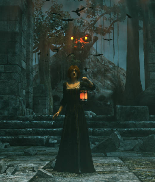 Medieval princess with lantern at night haunted by the undead,3d rendering